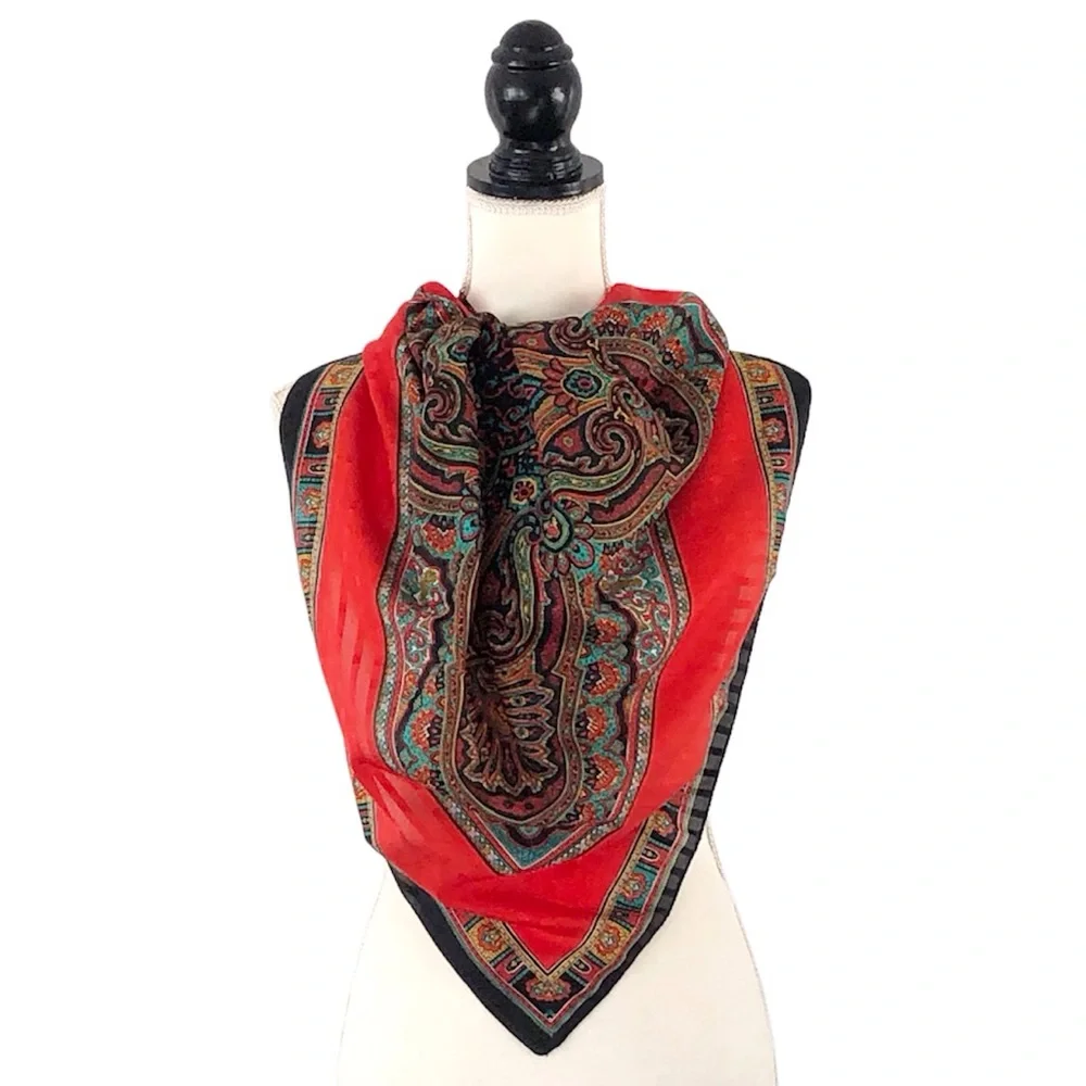 Vintage Red & Black Patterned Scarf - 30” square